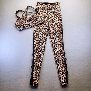 Victorias Secret Leopard Print Activewear Set Strappy Bra Mesh Lace Up Leggings